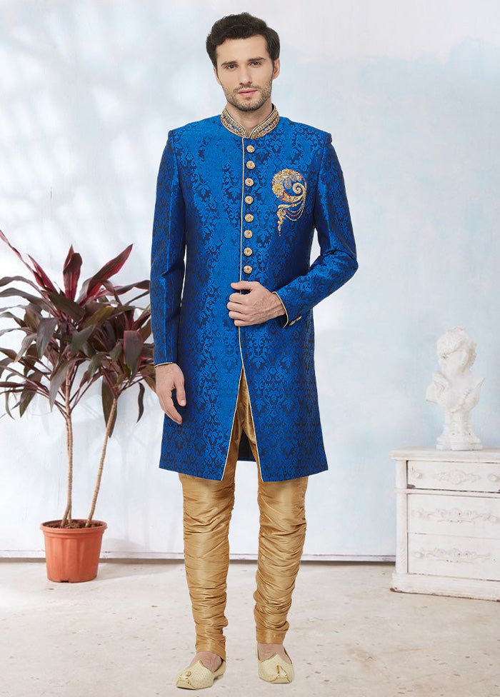 2 Pc Blue Dupion Silk Sherwani Churidar Set - Indian Silk House Agencies