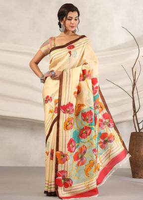 Cream Crepe Saree With Blouse Piece - Indian Silk House Agencies