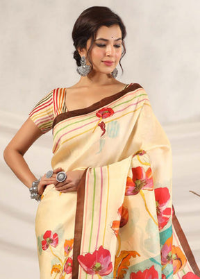 Cream Crepe Saree With Blouse Piece - Indian Silk House Agencies