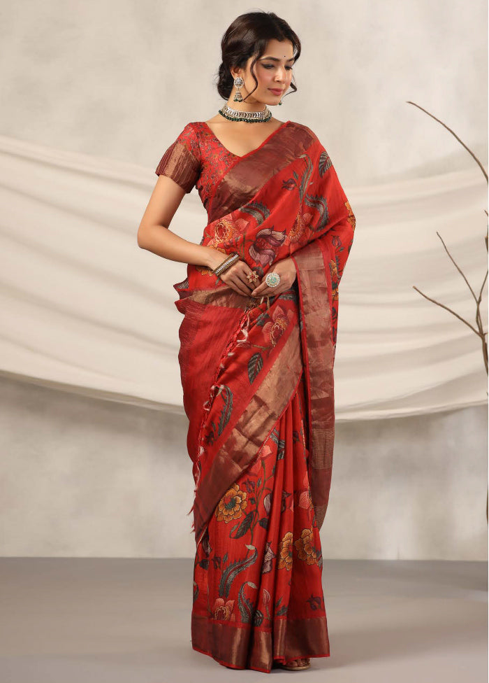 Red Tussar Saree With Blouse Piece