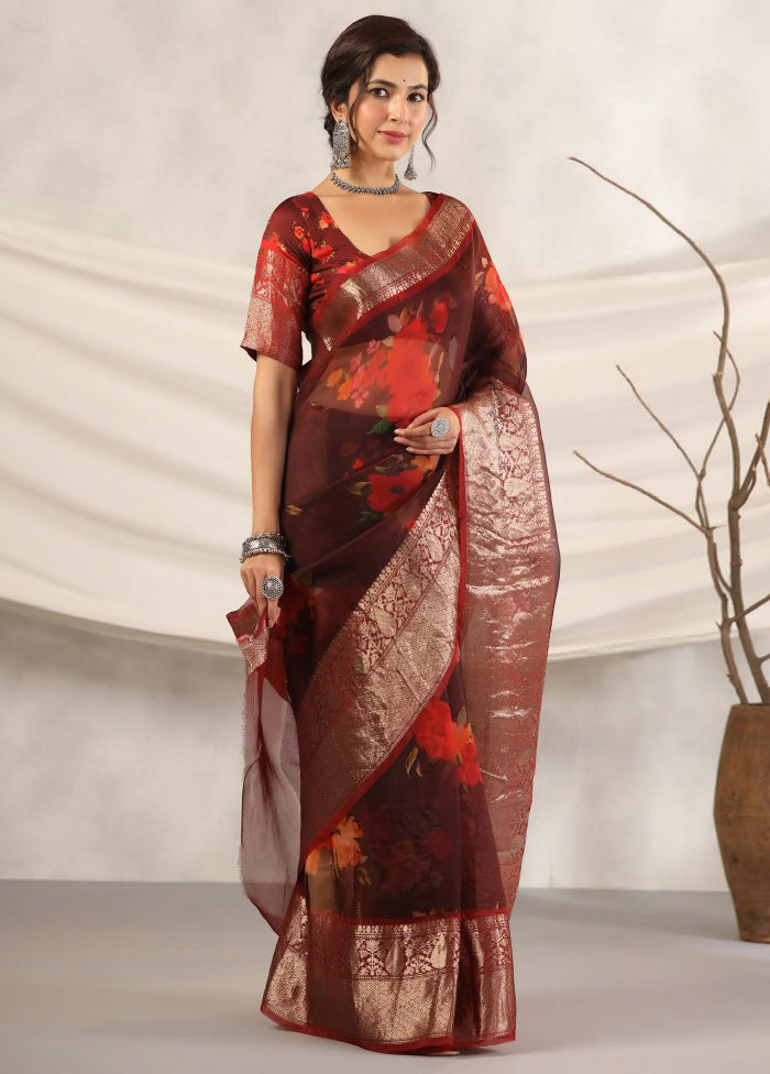 Brown Chiffon Silk Saree With Blouse Piece