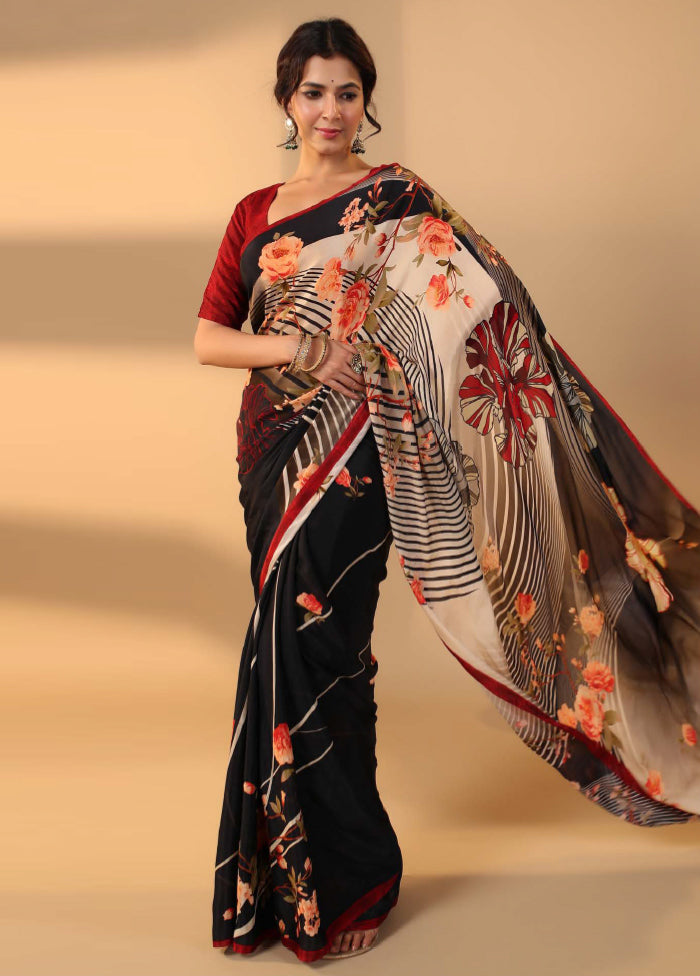 Black Chiffon Silk Saree With Blouse Piece