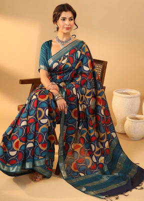 Blue Crepe Saree With Blouse Piece - Indian Silk House Agencies