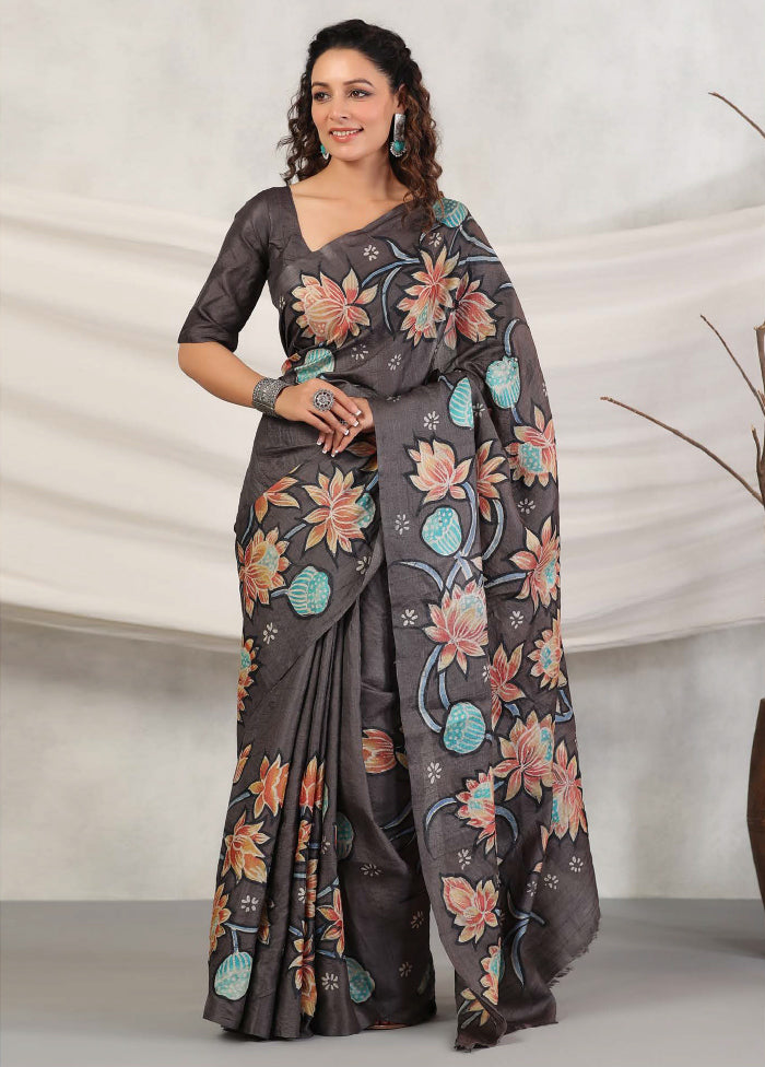 Grey Tussar Saree With Blouse Piece