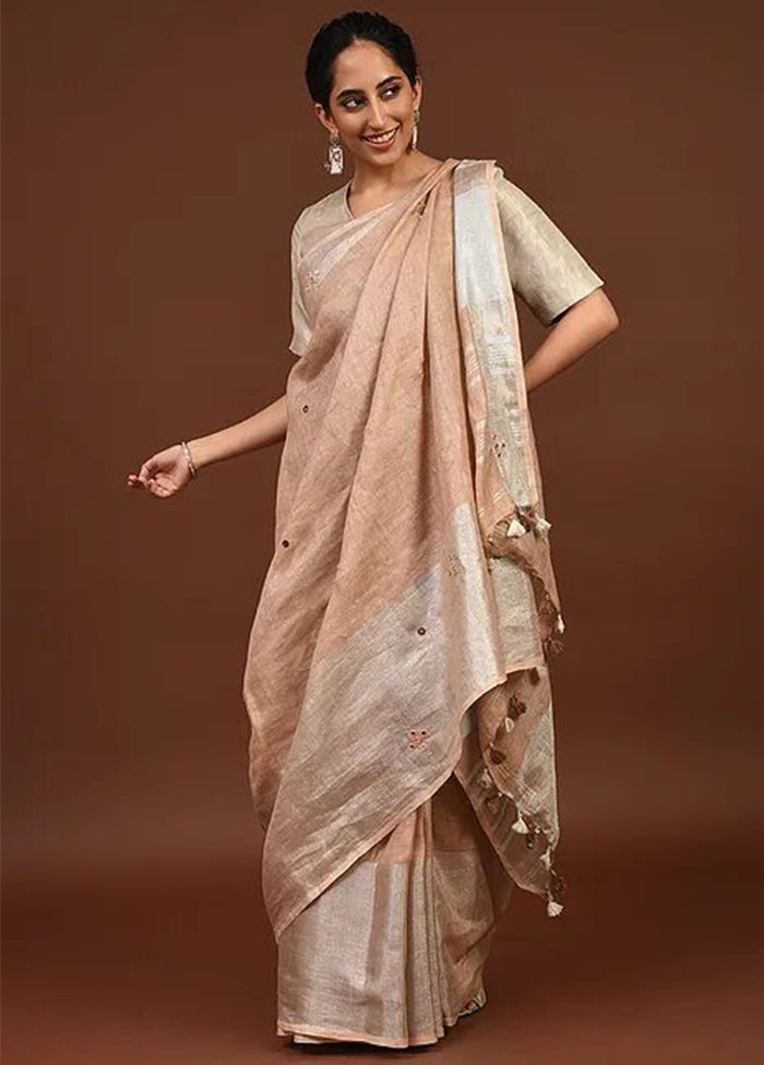 Peach Linen Silk Saree With Blouse Piece - Indian Silk House Agencies