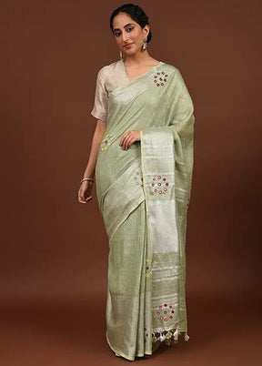 Green Linen Silk Saree With Blouse Piece - Indian Silk House Agencies