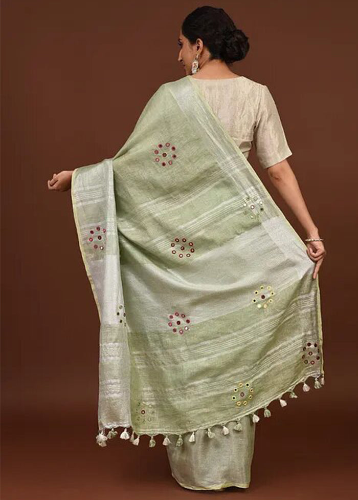 Green Linen Silk Saree With Blouse Piece - Indian Silk House Agencies