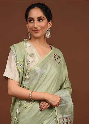 Green Linen Silk Saree With Blouse Piece - Indian Silk House Agencies