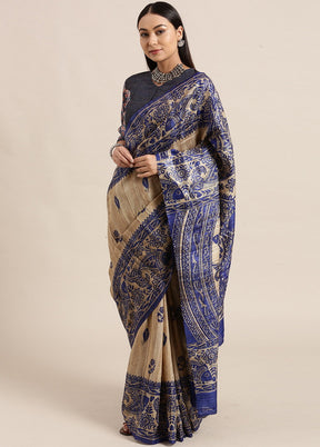 Madhubani Imprint Blue Ghicha Silk Saree - Indian Silk House Agencies