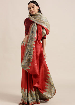 Madhubani Imprint Red Ghicha Silk Saree - Indian Silk House Agencies