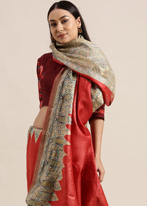 Madhubani Imprint Red Ghicha Silk Saree - Indian Silk House Agencies