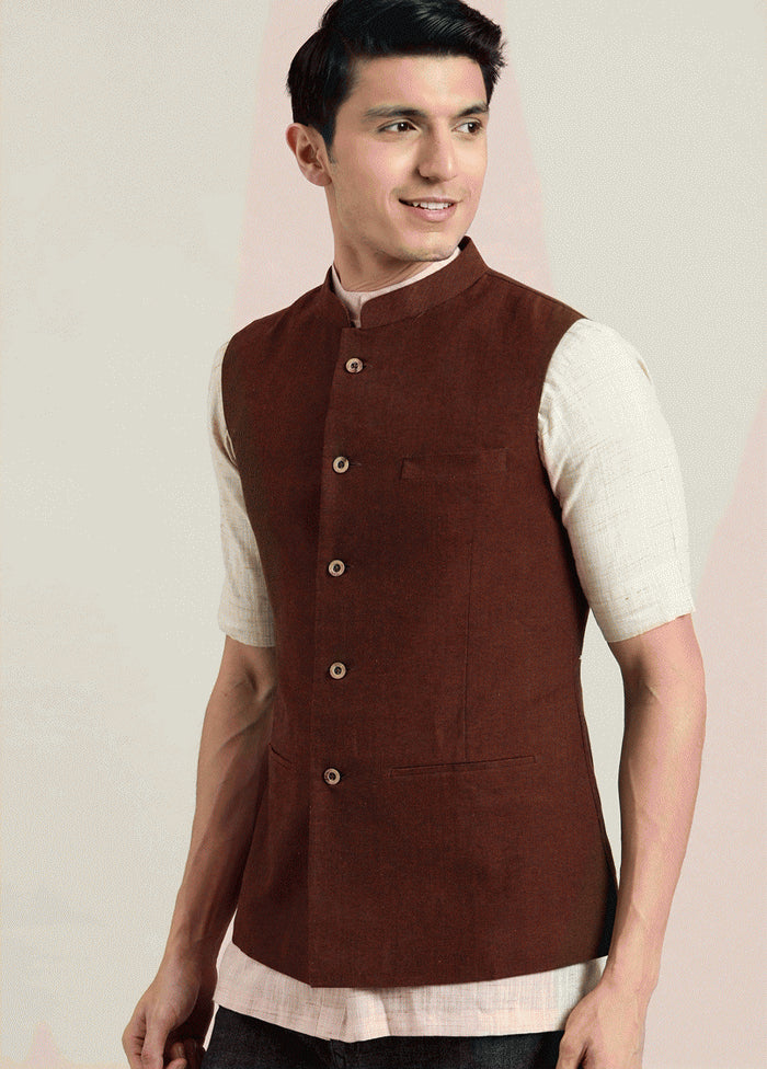 Classic Dark Brown Solid Nehru Jacket VDIWK067 - Indian Silk House Agencies