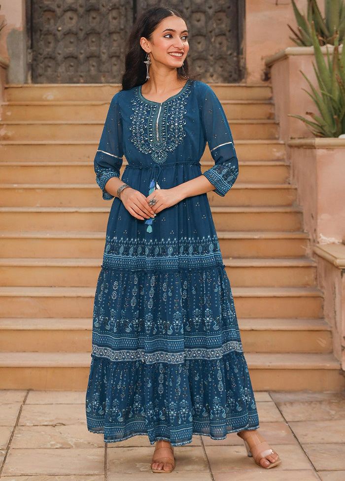 Blue Readymade Silk Indian Dress