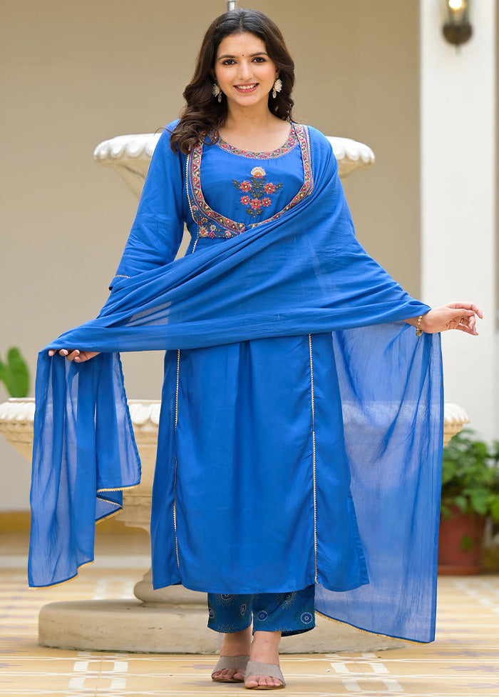 3 Pc Blue Readymade Viscose Dupatta Suit Set