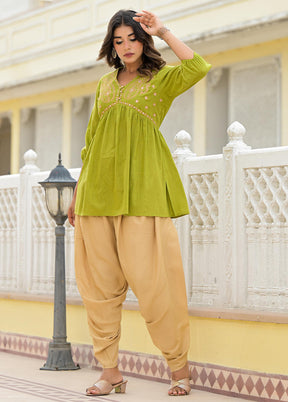 2 Pc Olive Green Readymade Cotton Tunic Set