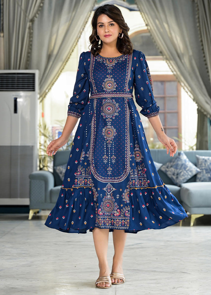 Blue Readymade Rayon Indian Dress With Belt