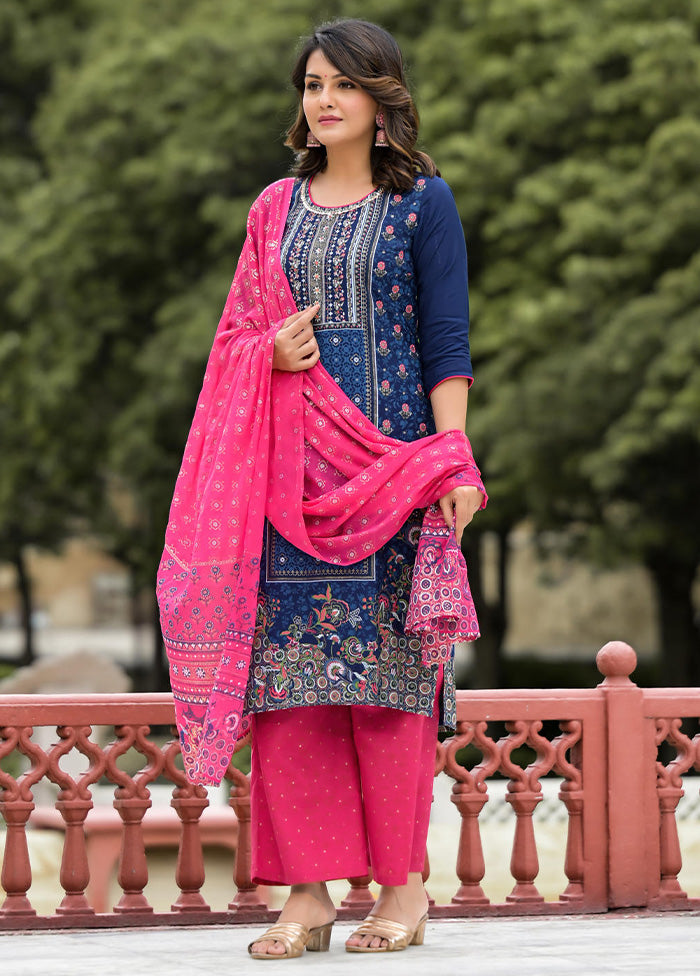 3 Pc Blue Readymade Viscose Dupatta Suit Set