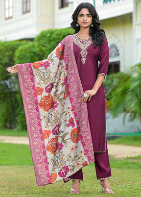 3 Pc Wine Readymade Viscose Dupatta Suit Set