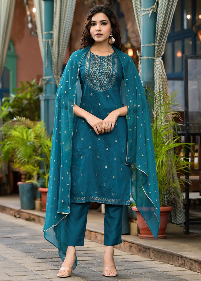 3 Pc Blue Readymade Silk Dupatta Suit Set