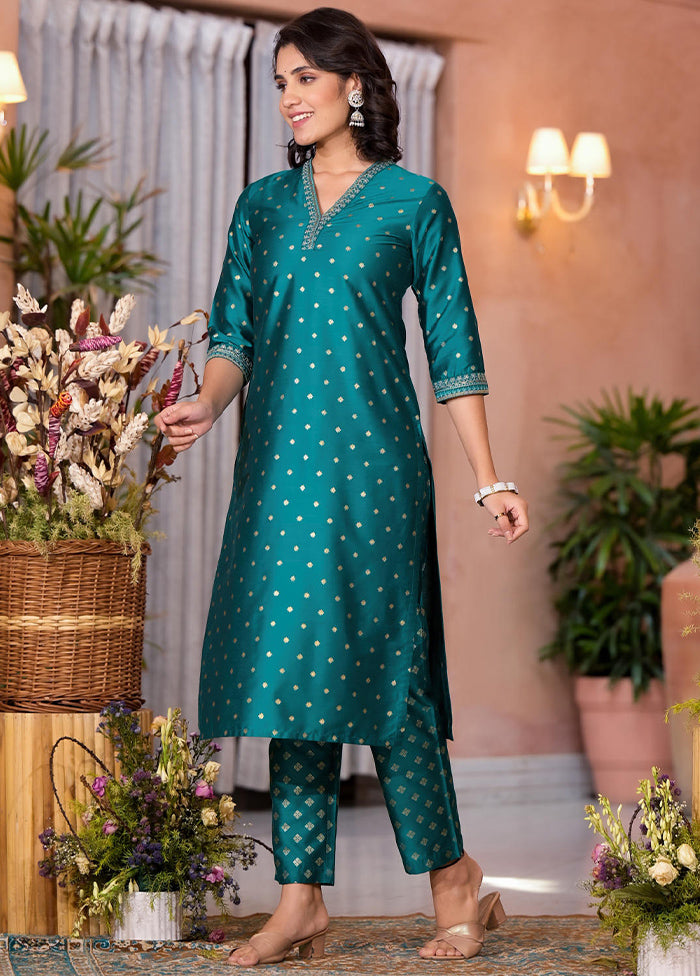 3 Pc Rama Green Readymade Cotton Dupatta Suit Set