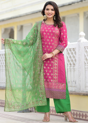 3 Pc Fuchsia Readymade Silk Dupatta Suit Set