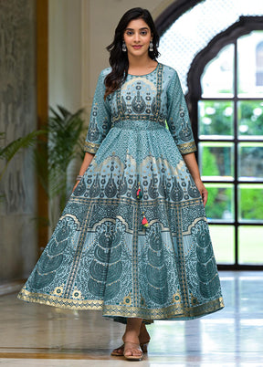 Aqua Readymade Silk Indian Dress