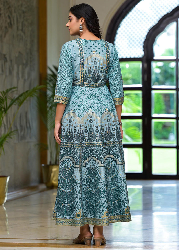 Aqua Readymade Silk Indian Dress