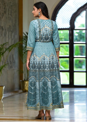 Aqua Readymade Silk Indian Dress