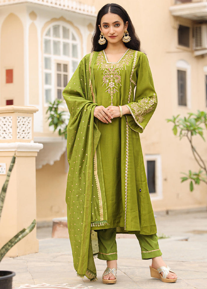 3 Pc Mehendi Readymade Viscose Dupatta Suit Set