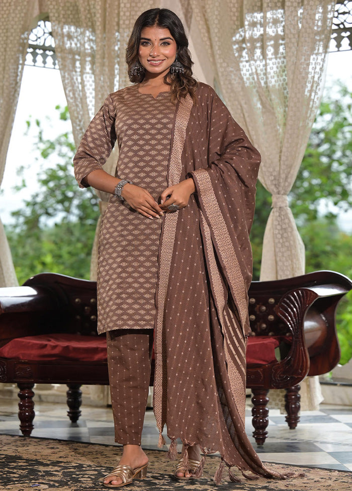 3 Pc Brown Readymade Cotton Dupatta Suit Set