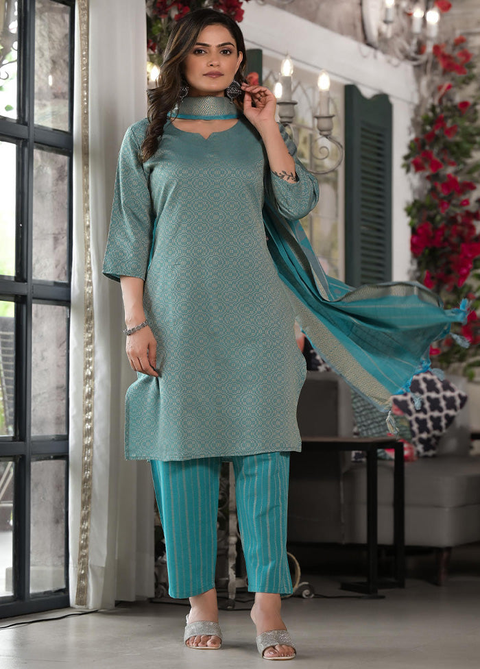 3 Pc Sky Blue Readymade Cotton Dupatta Suit Set