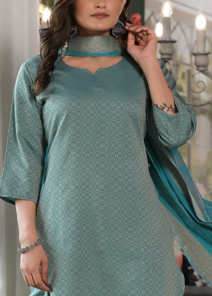 3 Pc Sky Blue Readymade Cotton Dupatta Suit Set