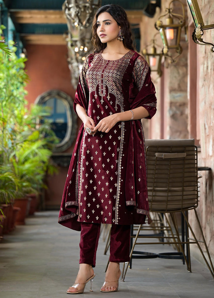 3 Pc Maroon Readymade Velvet Dupatta Suit Set