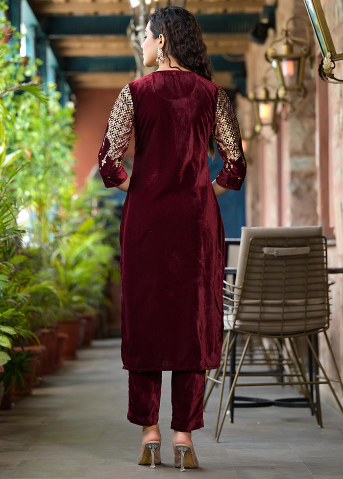 3 Pc Maroon Readymade Velvet Dupatta Suit Set