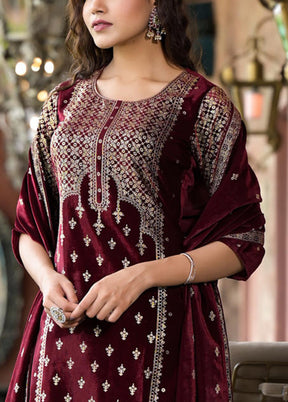 3 Pc Maroon Readymade Velvet Dupatta Suit Set