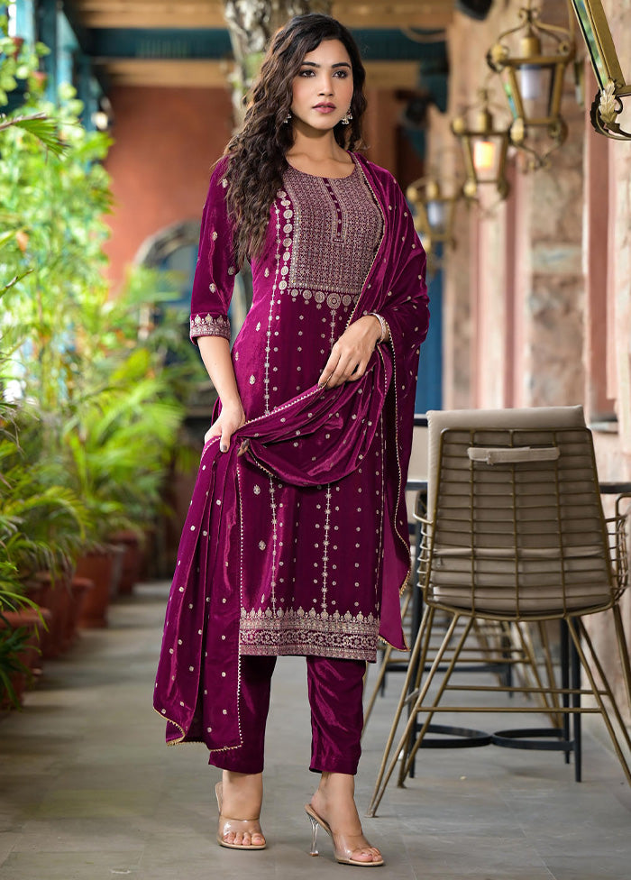 3 Pc Wine Readymade Velvet Dupatta Suit Set