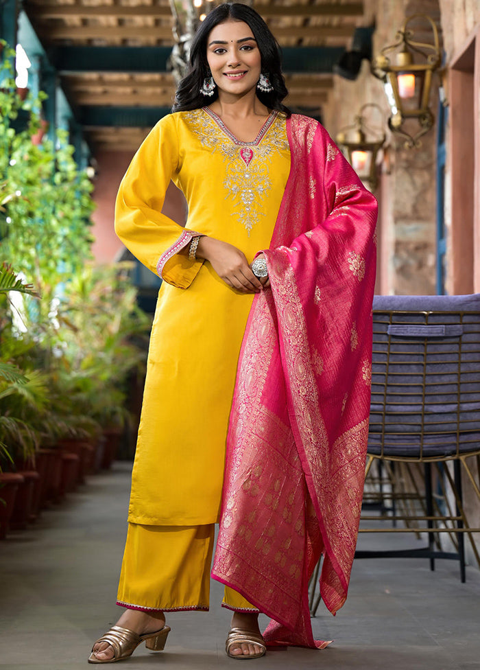 3 Pc Mustard Readymade Viscose Dupatta Suit Set