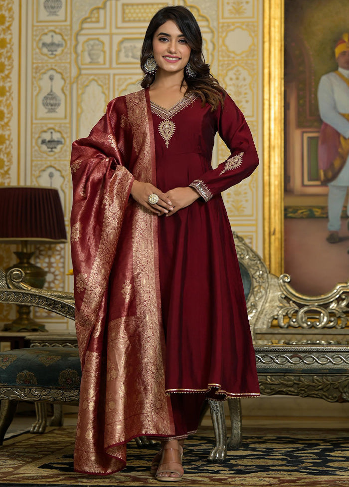 3 Pc Maroon Readymade Viscose Dupatta Suit Set