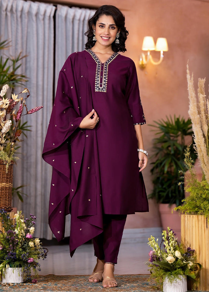 3 Pc Wine Readymade Viscose Dupatta Suit Set