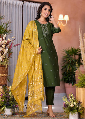 3 Pc Green Readymade Viscose Dupatta Suit Set