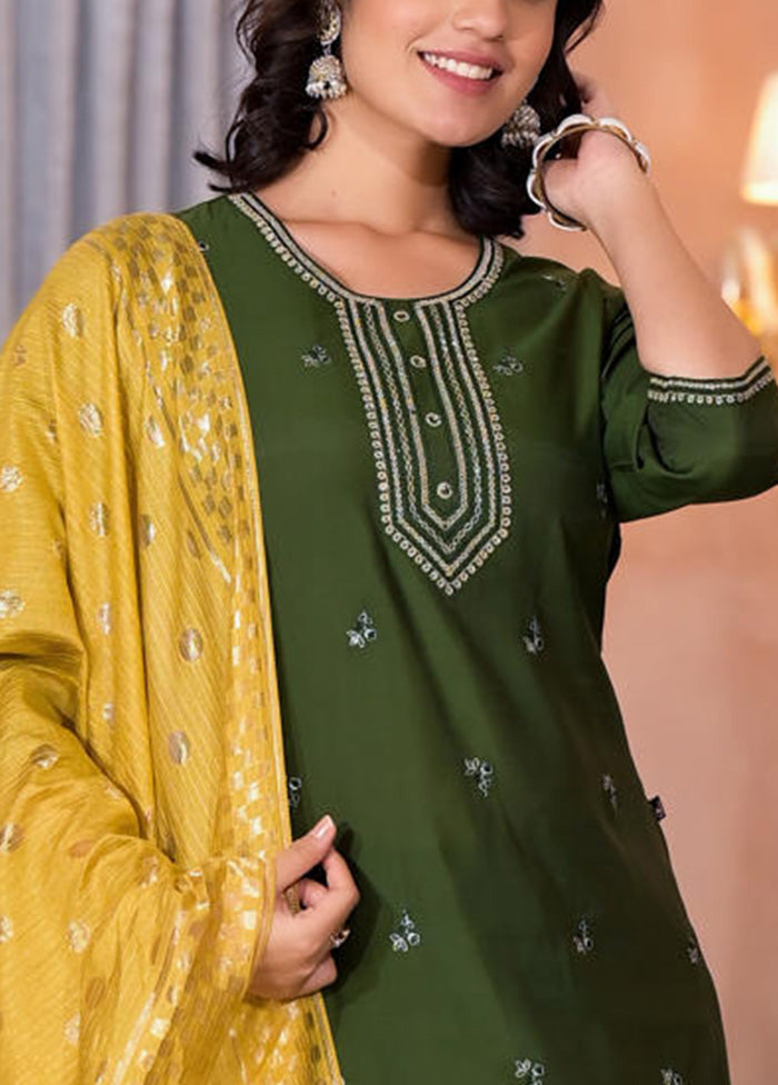 3 Pc Green Readymade Viscose Dupatta Suit Set