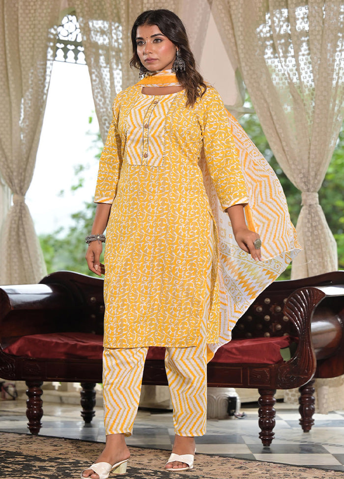 3 Pc Mustard Readymade Cotton Dupatta Suit Set