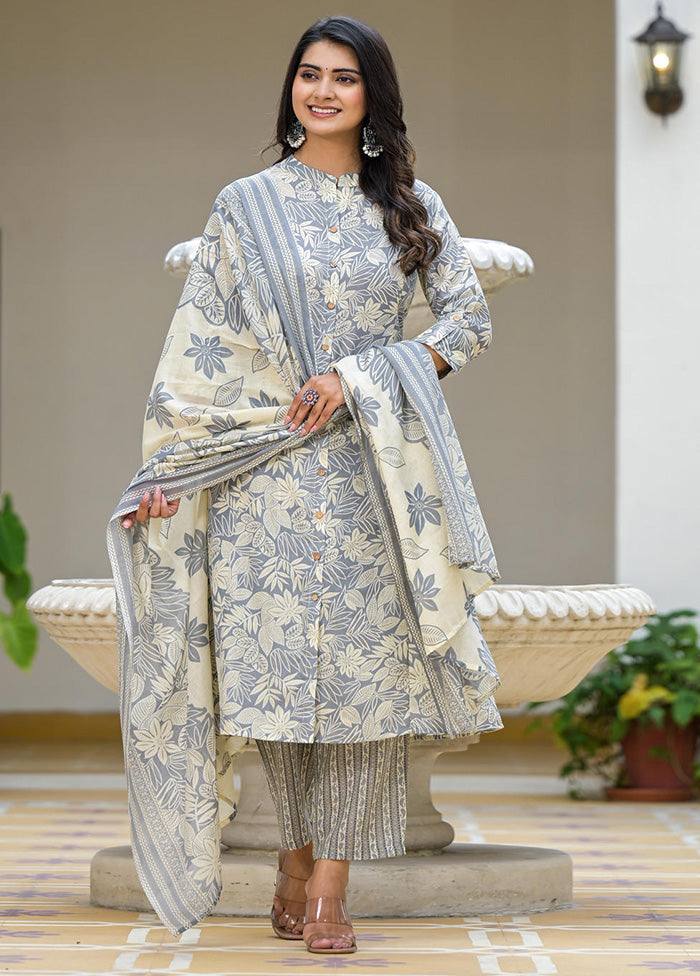 3 Pc Grey Readymade Cotton Dupatta Suit Set