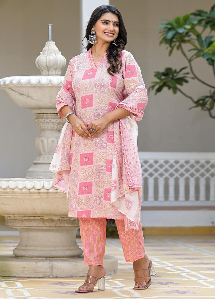 3 Pc Pink Readymade Cotton Dupatta Suit Set