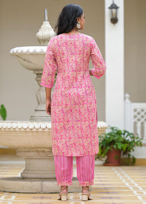 3 Pc Pink Readymade Cotton Dupatta Suit Set