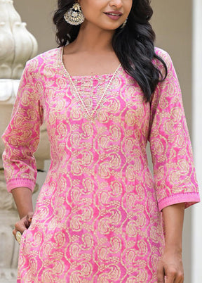 3 Pc Pink Readymade Cotton Dupatta Suit Set