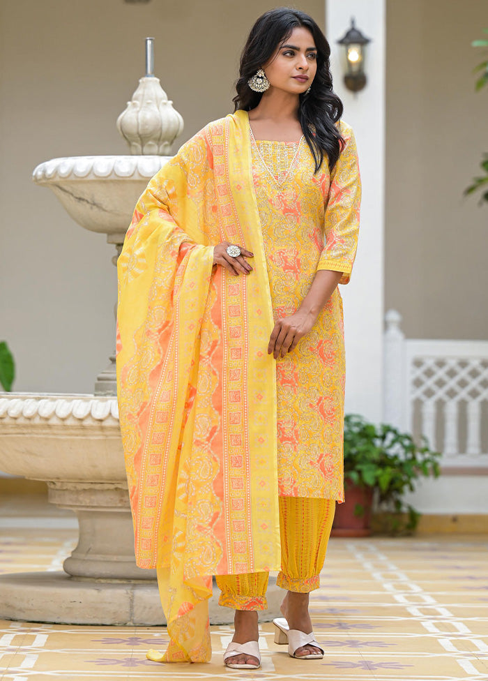 3 Pc Yellow Readymade Cotton Dupatta Suit Set