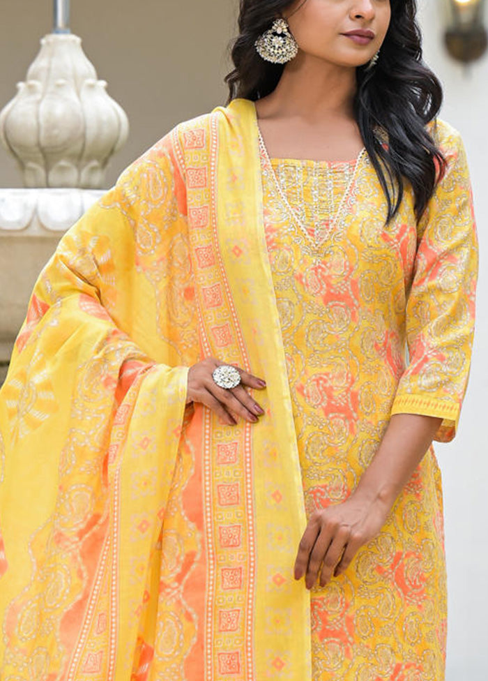 3 Pc Yellow Readymade Cotton Dupatta Suit Set