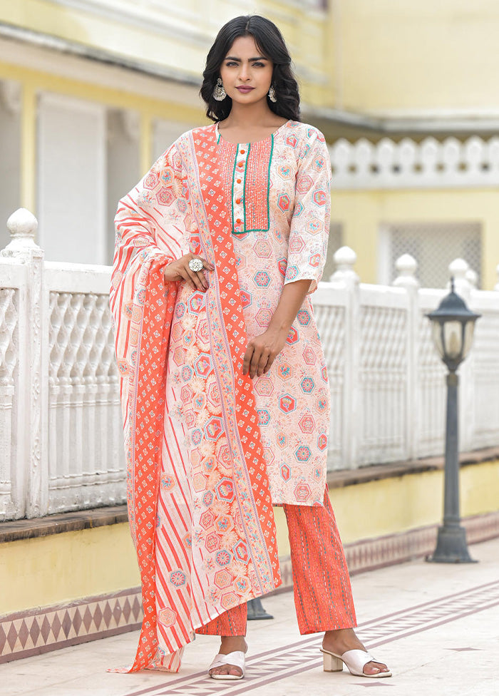 3 Pc Peach Readymade Cotton Dupatta Suit Set