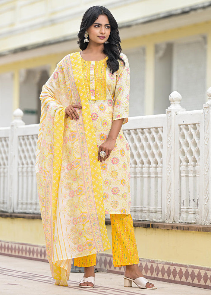 3 Pc Yellow Readymade Cotton Dupatta Suit Set